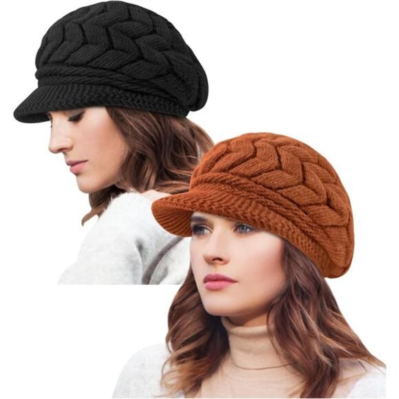 2 Pack Women's Winter Hats Knit Hat Slouchy Beanie Cap with Brim